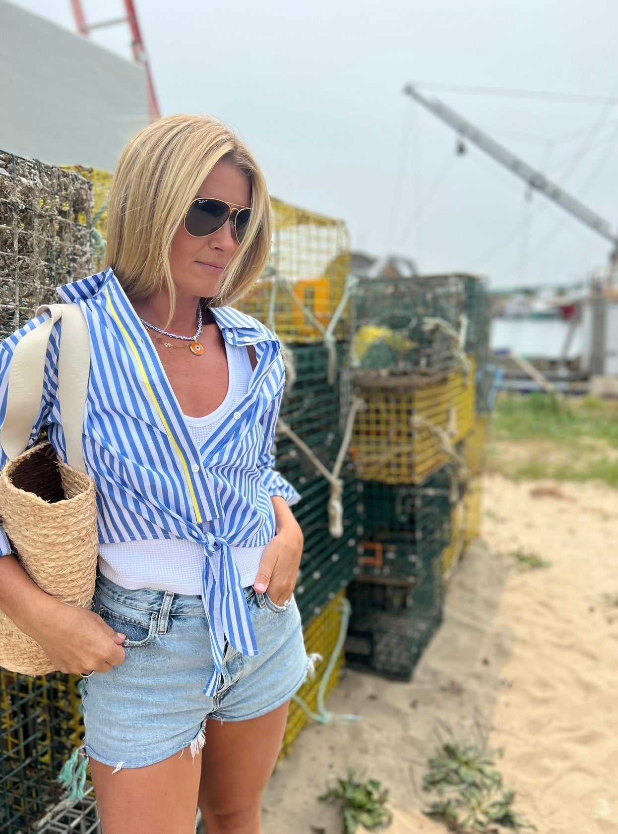 The French Girl Tie Front Shirt | Pacific Blue & Yellow Stripe