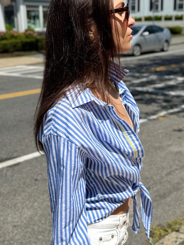 The French Girl Tie Front Shirt | Pacific Blue & Yellow Stripe