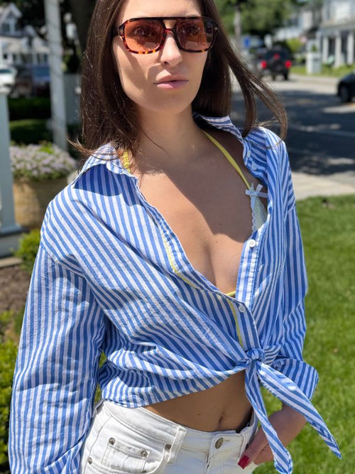 The French Girl Tie Front Shirt | Pacific Blue & Yellow Stripe