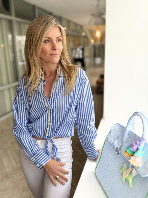 The French Girl Tie Front Shirt | Pacific Blue & Yellow Stripe